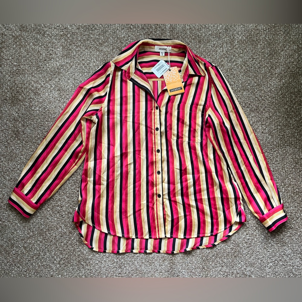 Jak & Rae Red Black Gold Striped Long Sleeve Button Down Top Silky Shiny Blouse